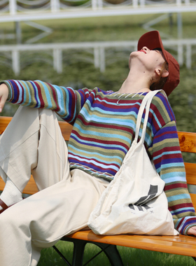 花吉B841彩色撞色明线条纹套头针织毛衣女2026新款秋圆领宽松上衣