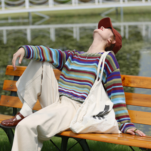 秋圆领宽松上衣 花吉B841彩色撞色明线条纹套头针织毛衣女2026新款