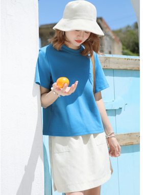 花吉B981蓝色韩版学院风正肩圆领T恤女2026新款夏短袖宽松上衣