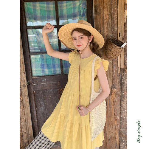 花吉Q486黄色甜美少女感小飞袖连衣裙2026新款夏裙子圆领中长款