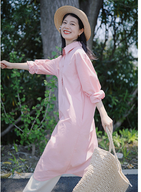 花吉B434日系系带可拆卸纯棉长袖衬衫裙2025新款秋宽松衬衫连衣裙