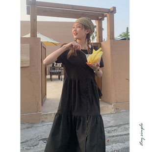 花吉Q476黑色短袖 夏宽松连衣裙 垂感气质百搭显瘦蛋糕塔裙2025新款