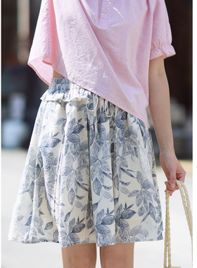 花吉Q584叶影蓝色日系松紧腰系带花边半身裙2026新款夏小个子短裙