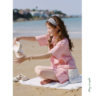 花吉B779琉璃粉色艺术感不规则扎染麻棉褶皱衬衫 夏衬衣 女2026新款