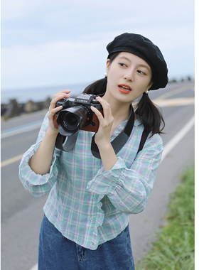 花吉B535紫绿色V领荷叶边格子条纹衬衫女2025新款秋花瓣袖衬衣