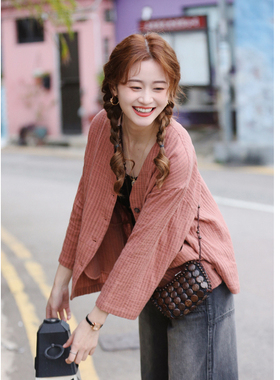 花吉B719粉色竖条纹V领九分袖日系宽松外套女2025新款春格子上衣