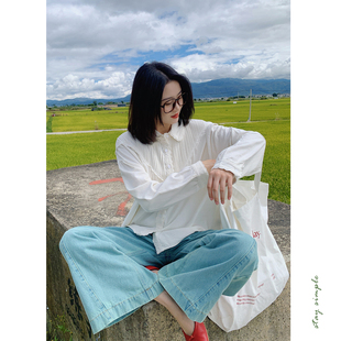 秋衬衣 女2025新款 花吉C079白色麻棉皱风琴褶学院风长袖 花边衬衫