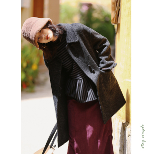 花吉C073深灰色一手长双面毛呢大衣女2026新款 宽松外套 秋冬中长款