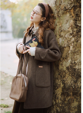 花吉B874树棕色韩版宽松羊毛H型中长款毛呢外套女2025年新款冬