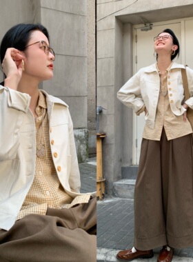 花吉C023象牙白复古微弹宽松撞色木扣长袖短外套女2026新款秋上衣