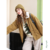 花吉B591棕色俏皮感宽松灯芯绒撞色棉服女2025新款 秋冬卡其色棉衣