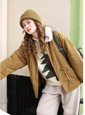 花吉B591棕色俏皮感宽松灯芯绒撞色棉服女2025新款秋冬卡其色棉衣