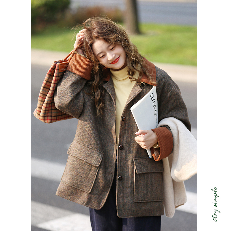 撞色灯芯绒翻领毛呢薄棉外套