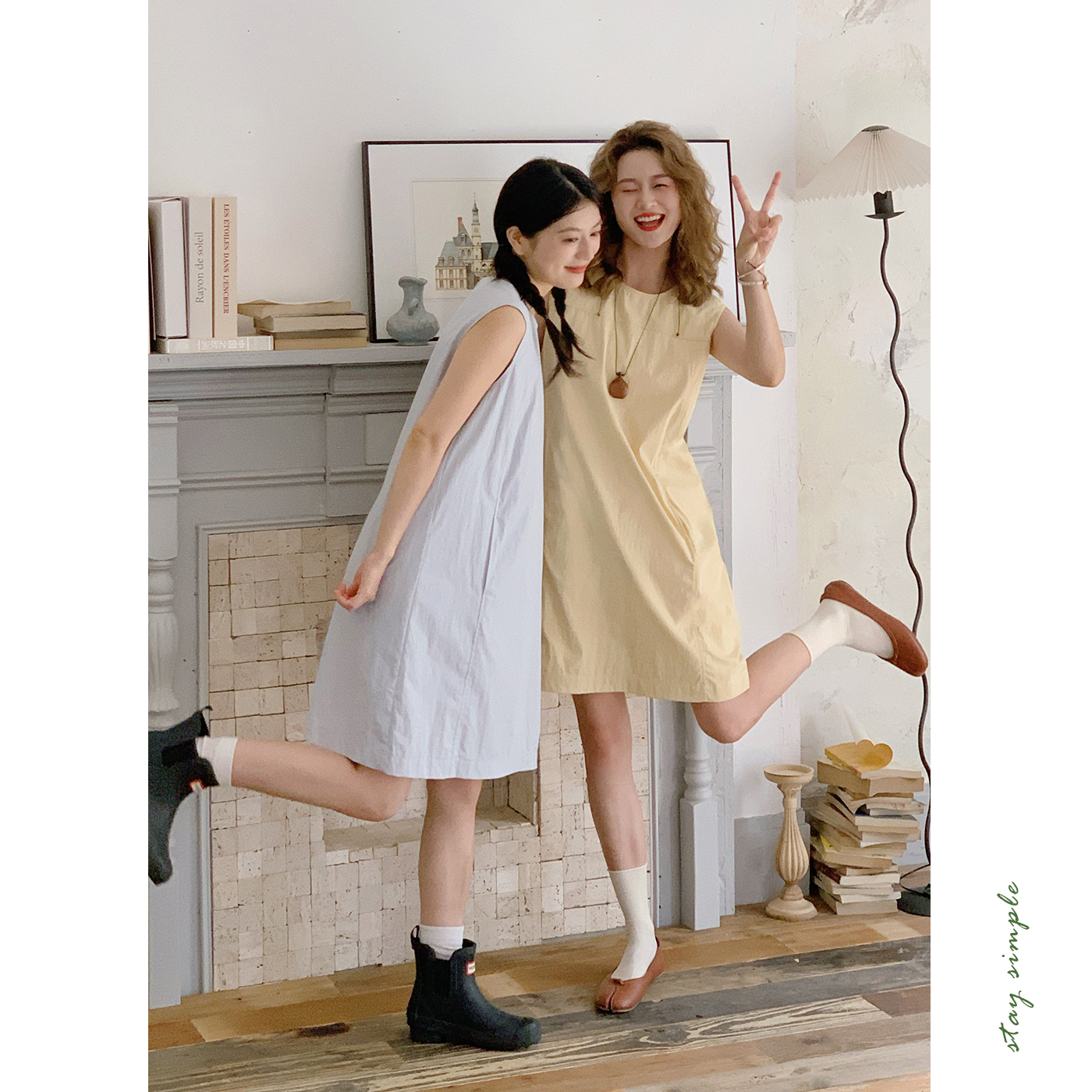 花吉黄色直筒无袖圆领背心裙