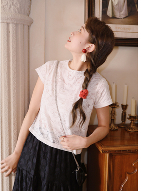 花吉B755米白色玫瑰夏日薄款宽松卷边短袖T恤女2026新款圆领上衣