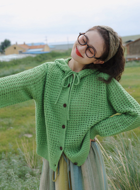 花吉B818秋葵绿色连帽镂空长袖针织开衫女2025新款早春毛衣针织衫