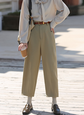 花吉K154卡其绿高腰日杂风休闲百搭茧型九分休闲裤女2026新款秋