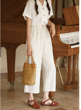 花吉K333原麻色脚口折边高腰百搭宽松休闲裤女2025新款夏八分裤