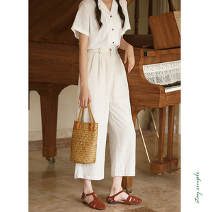 花吉K333原麻色脚口折边高腰百搭宽松休闲裤女2025新款夏八分裤