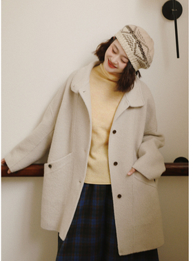 花吉C104米灰色立领学院风宽松双面呢女2026新款冬季大衣中长款