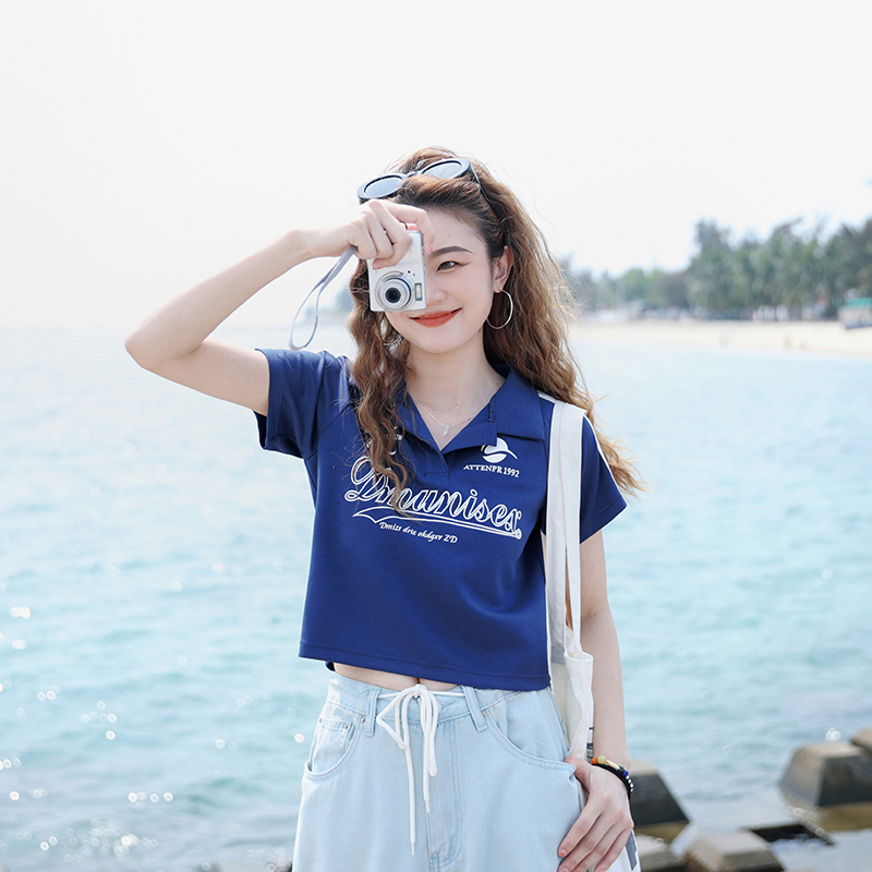 花吉B753藏青色Polo领复古印花运动短款短袖T恤女2025新款夏上衣