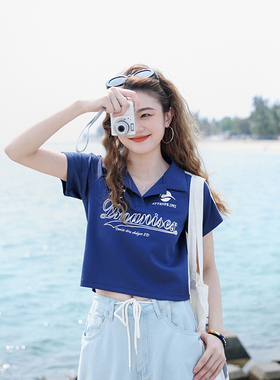 花吉B753藏青色Polo领复古印花运动短款短袖T恤女2025新款夏上衣