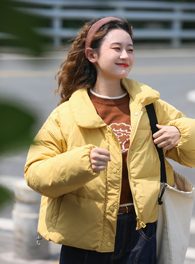 花吉B590蛋奶黄色学院风宽松短款翻领面包棉服女2026新款秋冬棉衣