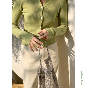 早春针织衫 女2026新款 花吉C135绿色弹力螺纹竖坑条圆领针织开衫