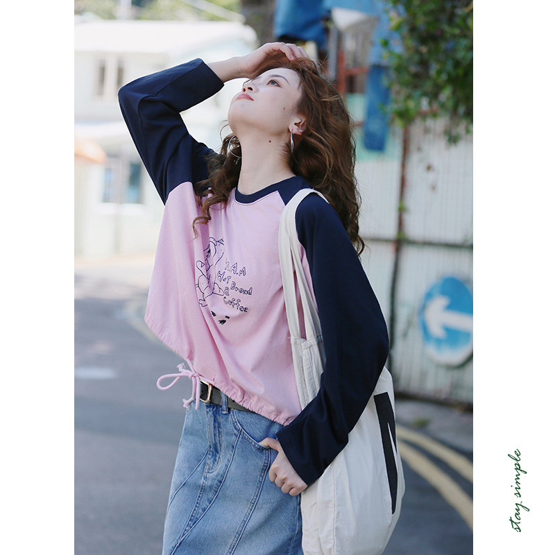 花吉B720粉蓝撞色插肩袖印花长袖T恤女2025新款春宽松圆领上衣