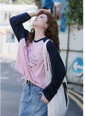花吉B720粉蓝撞色插肩袖印花长袖T恤女2025新款春宽松圆领上衣