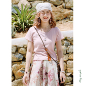 夏宽松短袖 花吉B954粉色三粒扣修身 弹力圆领T恤女2025新款 上衣