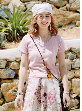 花吉B954粉色三粒扣修身弹力圆领T恤女2025新款夏宽松短袖上衣