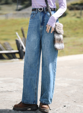 花吉K374深蓝色高腰直筒水洗牛仔裤女2025新款秋冬宽松直筒长裤
