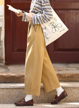 花吉K363卡其色日系宽松九分休闲裤女2026新款春直筒纯棉九分裤