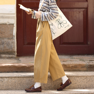 春直筒纯棉九分裤 女2026新款 花吉K363卡其色日系宽松九分休闲裤