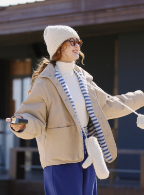 花吉B893卡其色条纹羊羔绒两面穿宽松学院风棉服女2026新款冬棉衣