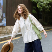 花吉B964米白色元 夏棉麻宽松衬衣 女2025新款 宝领刺绣七分袖 衬衫