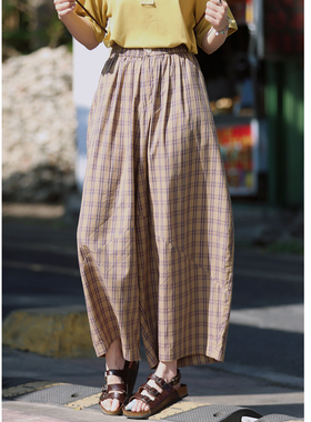 花吉L083卡其紫轻薄透气复古格子宽松休闲裤女2026新款夏格子裤