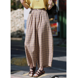 夏格子裤 女2026新款 花吉L083卡其紫轻薄透气复古格子宽松休闲裤
