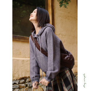 花吉C086灰芋紫半开襟连帽袋鼠兜毛衣女2025新款 秋宽松学院风上衣