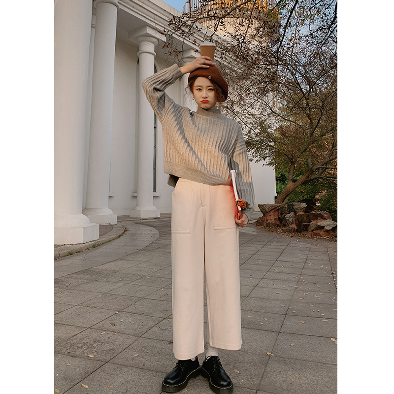 黑色高腰斜纹加厚宽松休闲裤