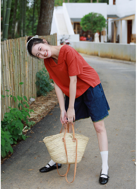 花吉C179蕃茄红色翻折领日系纯棉宽松提花衬衫女2026新款夏衬衣