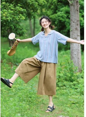 花吉L098卡其色日系宽松松紧腰棉质八分裤女2026新款夏高腰休闲裤