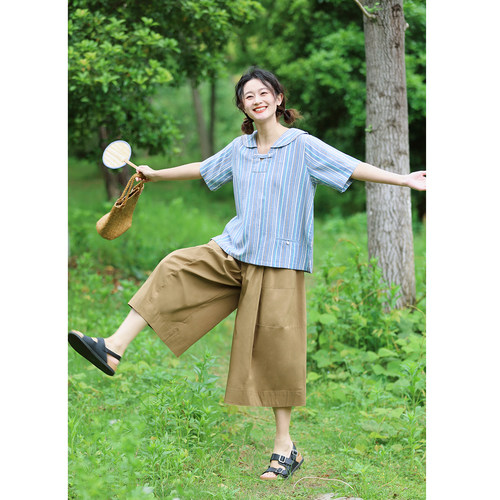 花吉卡其色日系宽松八分裤