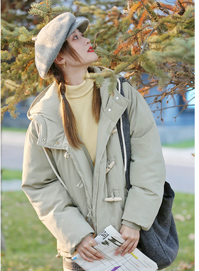 花吉B647灰绿色甜美学院风牛角扣连帽棉服女2025新款秋冬宽松棉衣
