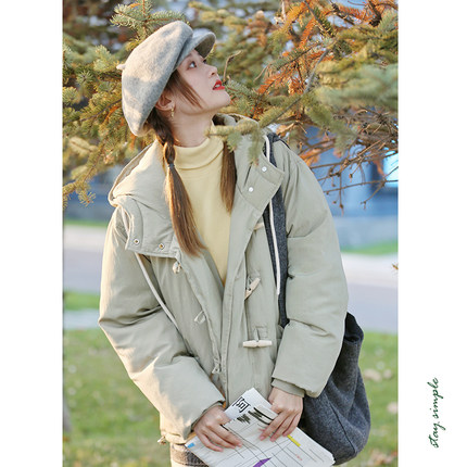 花吉B647灰绿色甜美学院风牛角扣连帽棉服女2025新款秋冬宽松棉衣