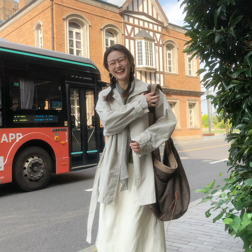 花吉米灰色腰带中长款宽松风衣