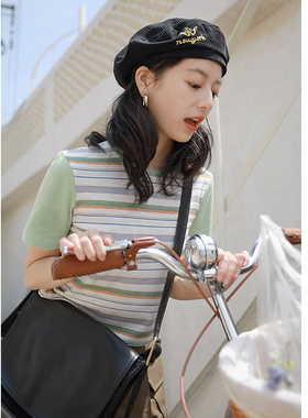 花吉B465绿色撞色拼接条纹短袖T恤女2026新款夏横条纹短款上衣