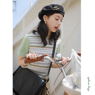 上衣 夏横条纹短款 花吉B465绿色撞色拼接条纹短袖 T恤女2026新款