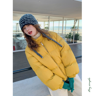 花吉B901芒果黄色90绒小立领短款 冬面包服 泡芙羽绒服女2025新款